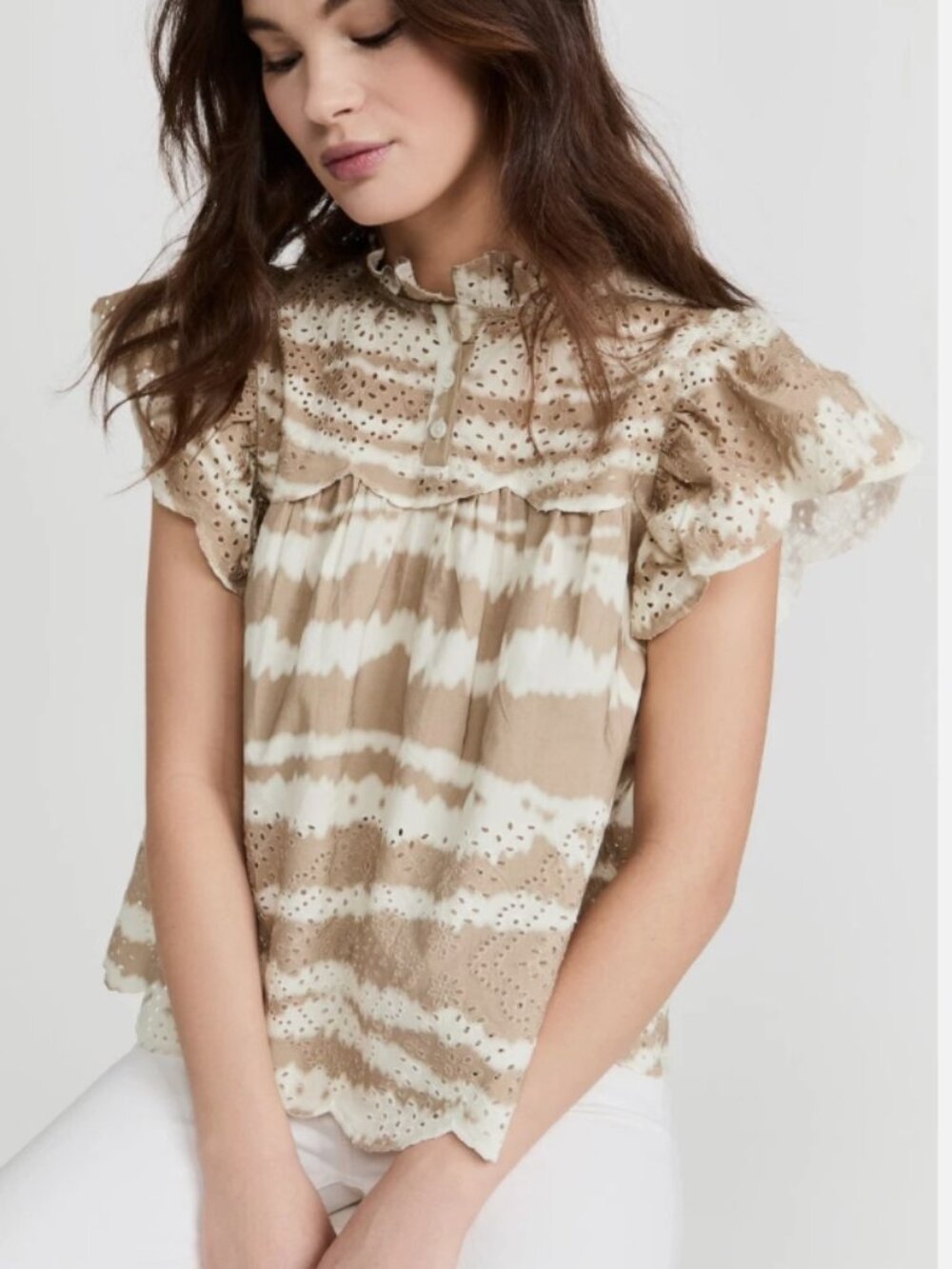 SEA New York Everlyn Tie-Dye Eyelet Ruffle Blouse –S- MSRP $295- Tan/Cream